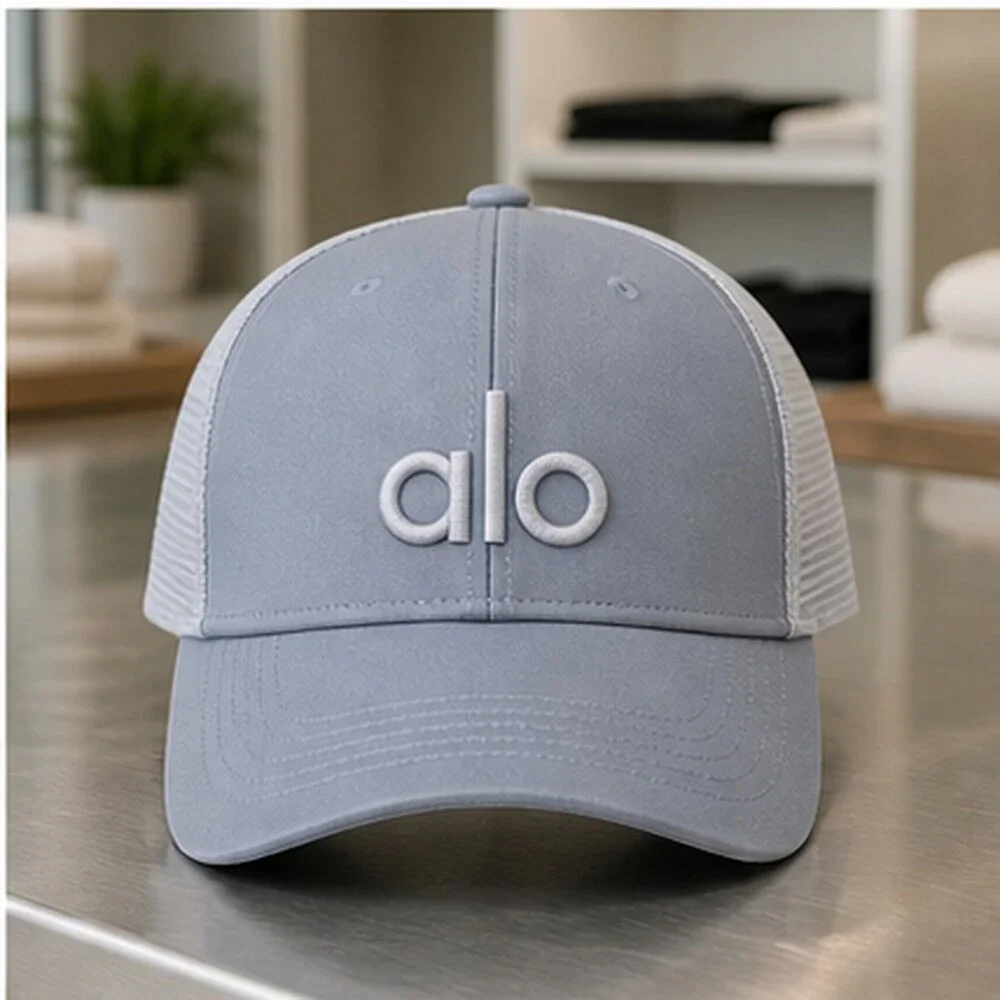ALO Yoga Mist Blue Gray Running Mesh Trucker Cap Hat NWT